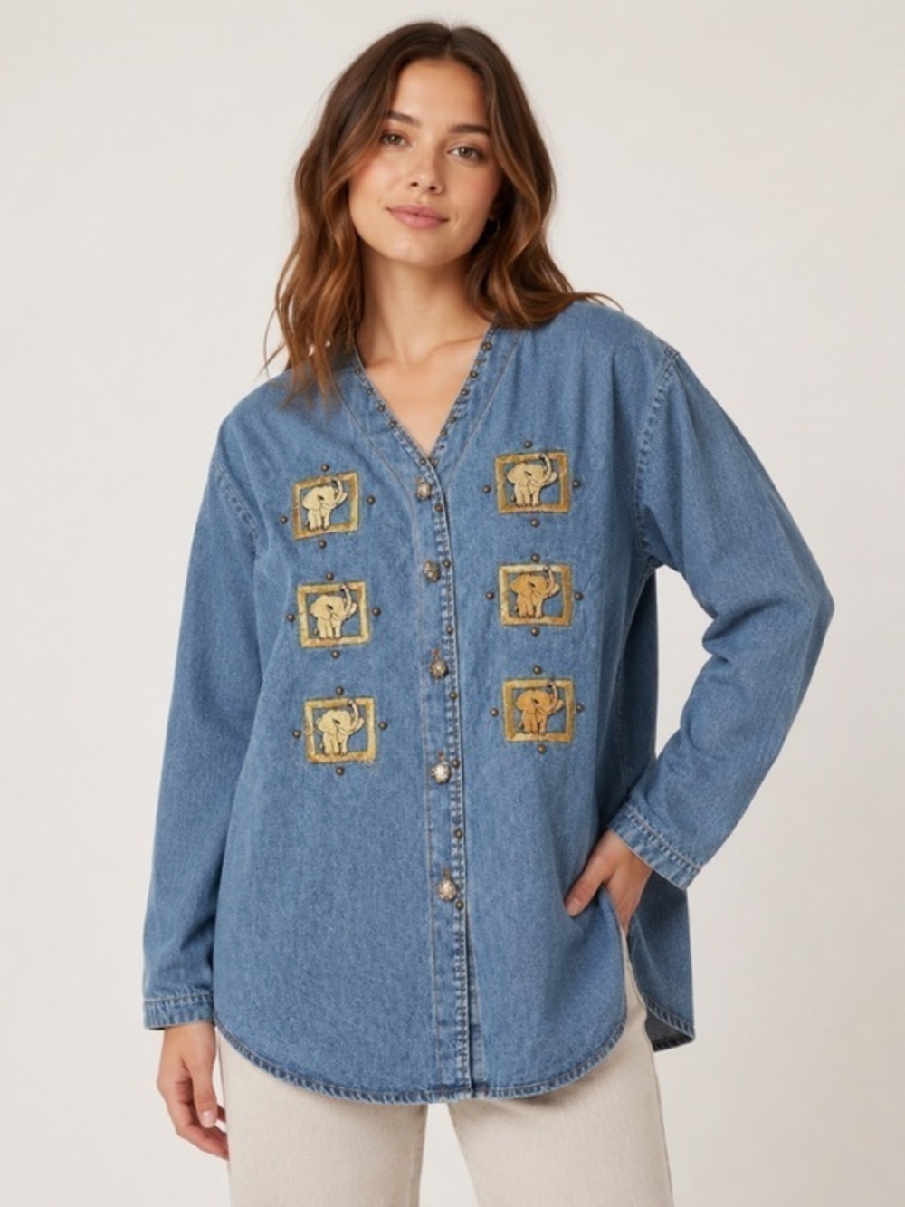 Vintage Designs Limited Denim Elephant Appliqué Shirt Jacket Size L USA